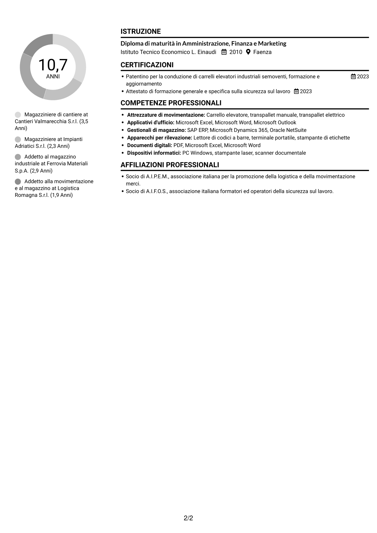 CV Compatto (formato sobrio a due colonne con foto): Magazziniere di cantiere, pagina 2