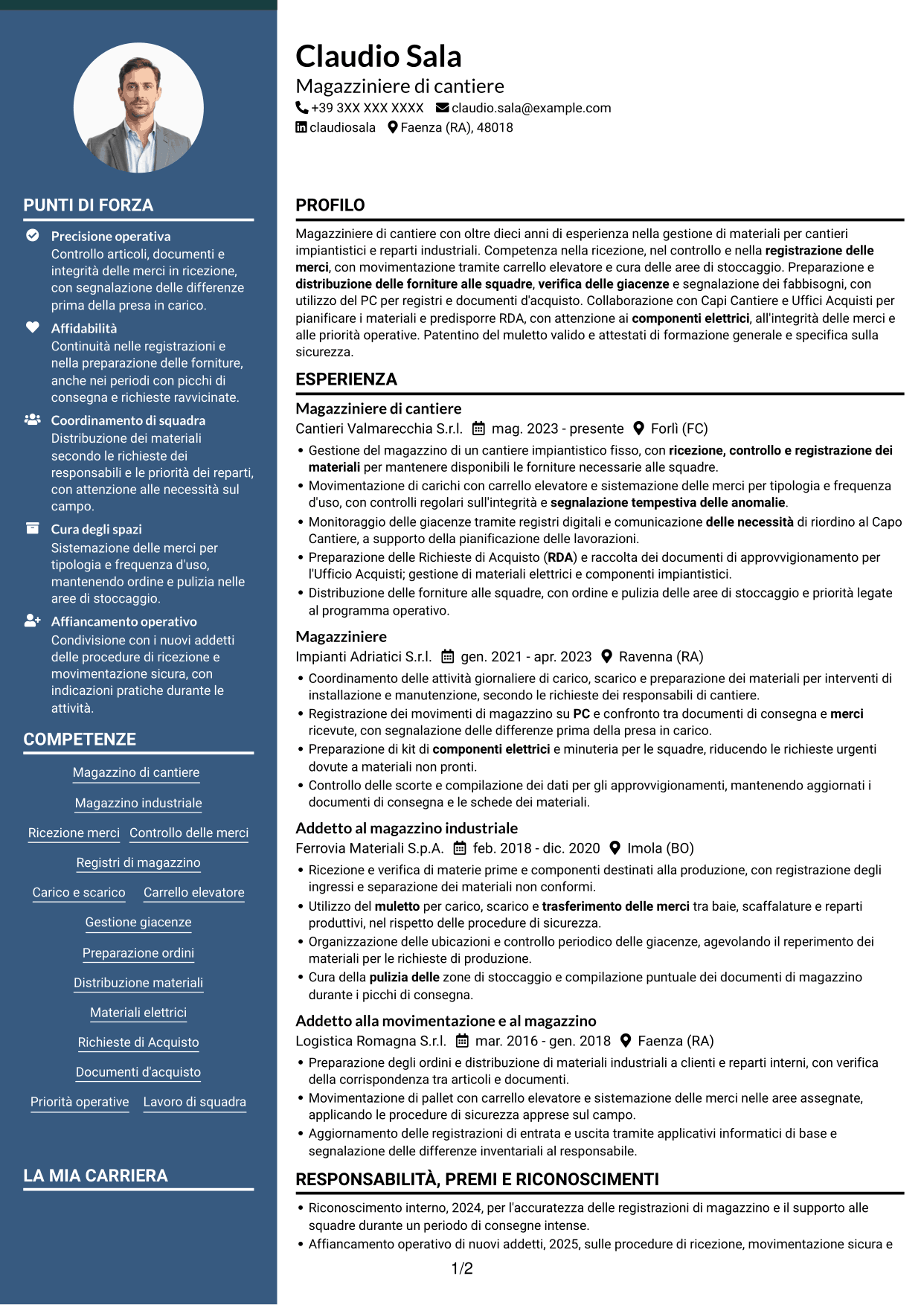 CV Elegante (formato con colonna laterale colorata e foto): Magazziniere di cantiere, pagina 1