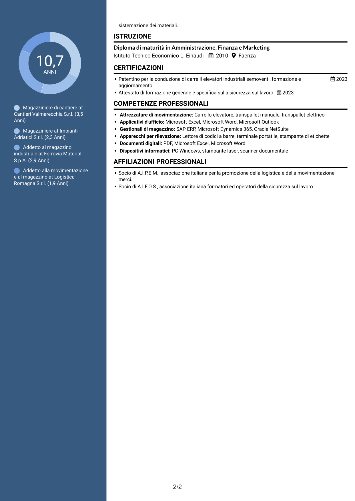 CV Elegante (formato con colonna laterale colorata e foto): Magazziniere di cantiere, pagina 2