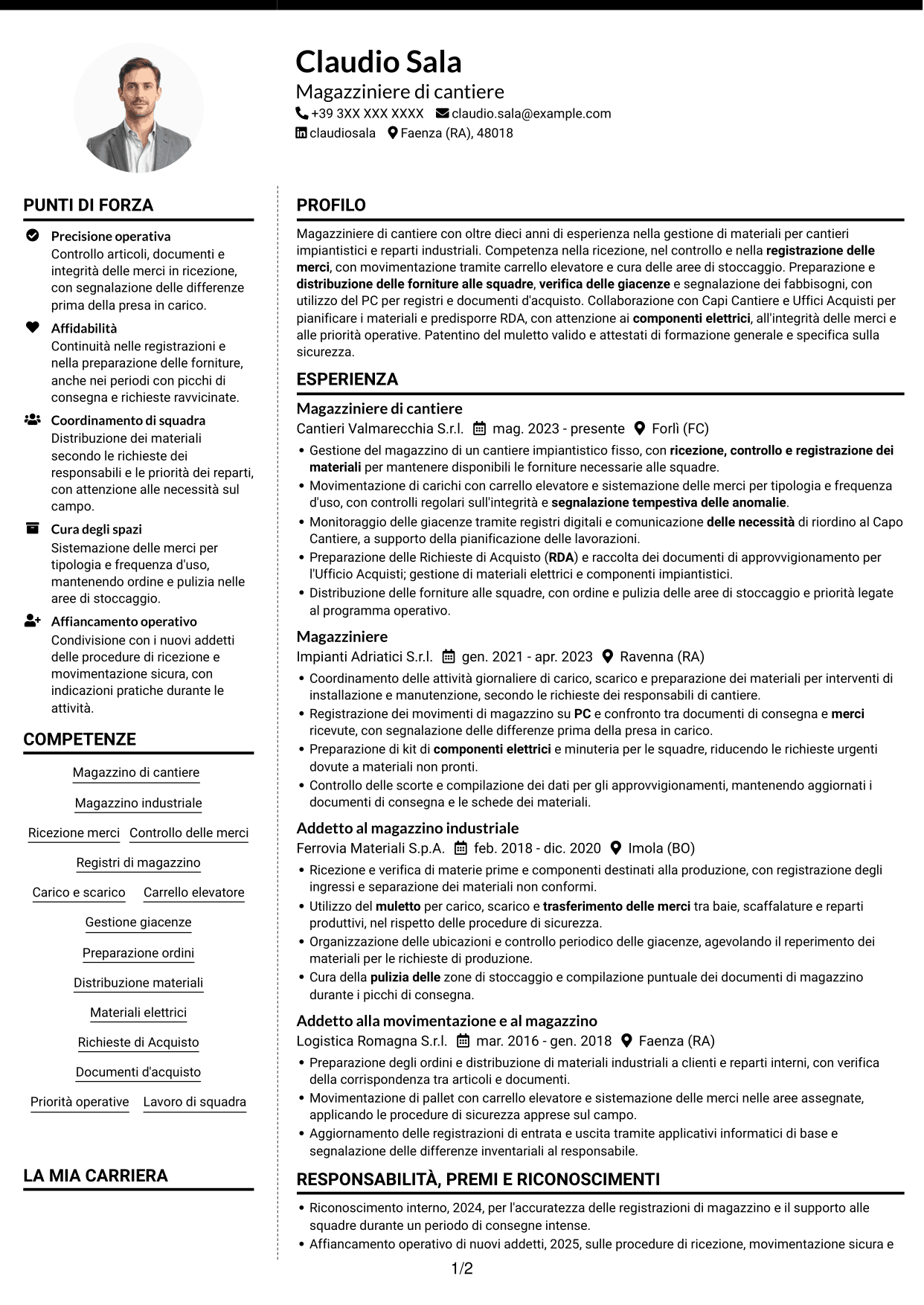 CV Moderno (formato a due colonne con foto a sinistra e separatore): Magazziniere di cantiere, pagina 1