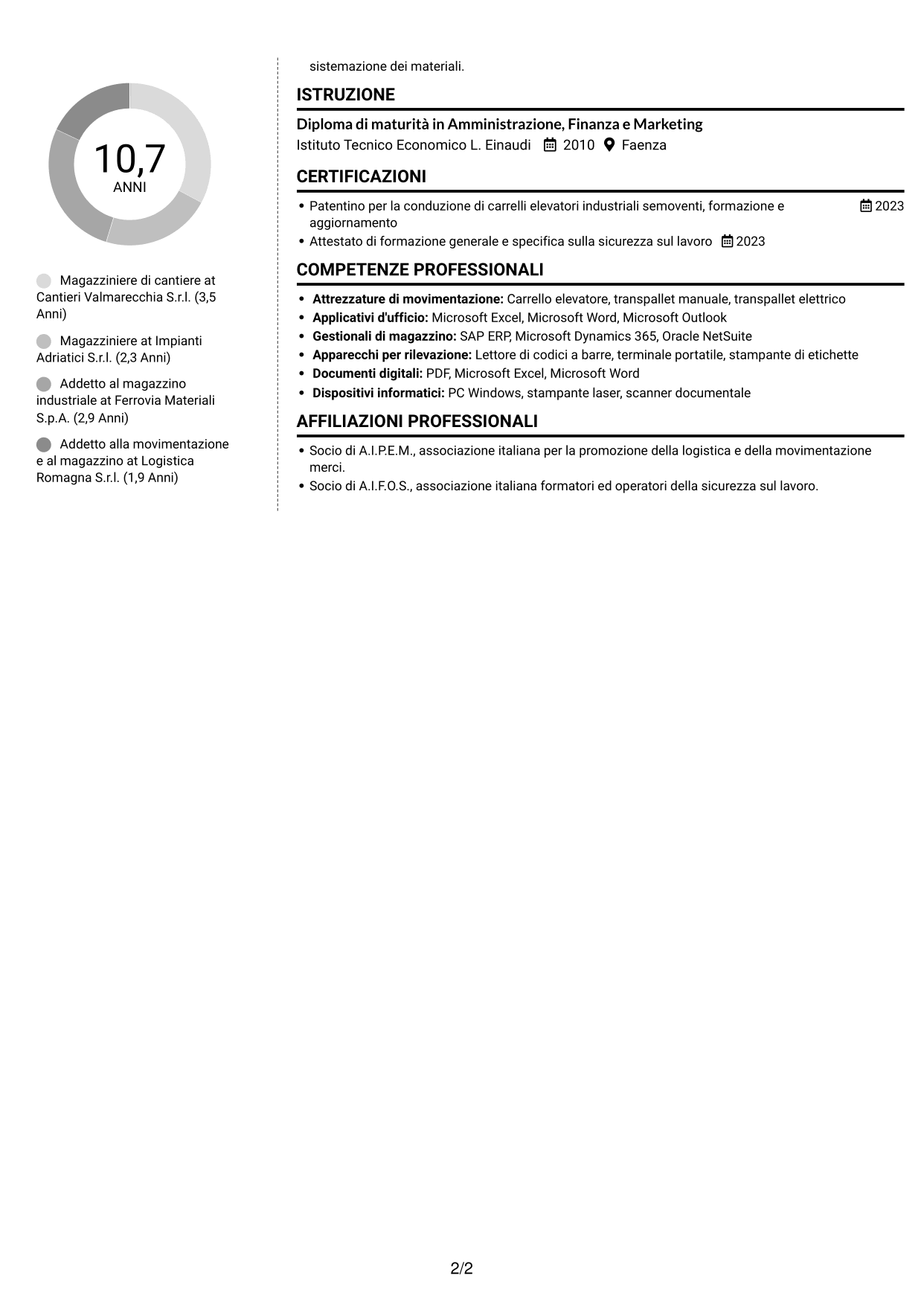CV Moderno (formato a due colonne con foto a sinistra e separatore): Magazziniere di cantiere, pagina 2