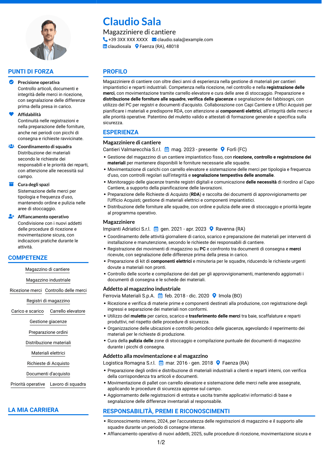 CV Audace (formato a due colonne con accenti colorati e foto): Magazziniere di cantiere, pagina 1