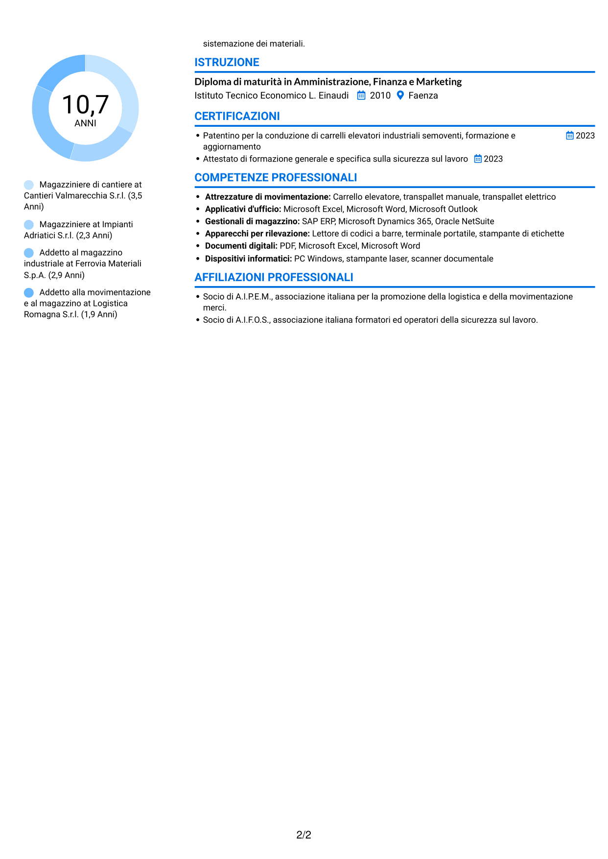 CV Audace (formato a due colonne con accenti colorati e foto): Magazziniere di cantiere, pagina 2