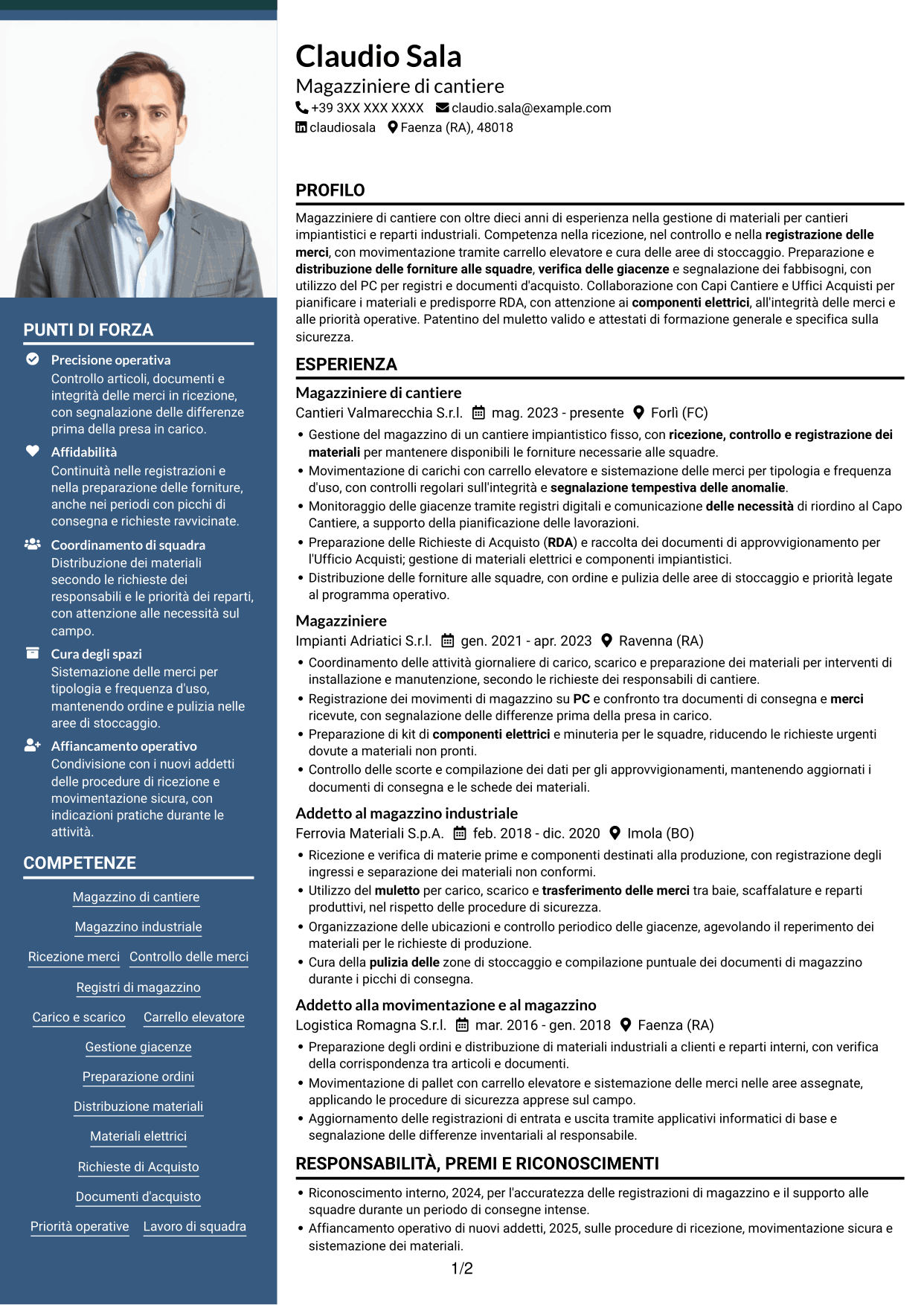 CV Signature (formato con colonna laterale colorata e foto grande): Magazziniere di cantiere, pagina 1