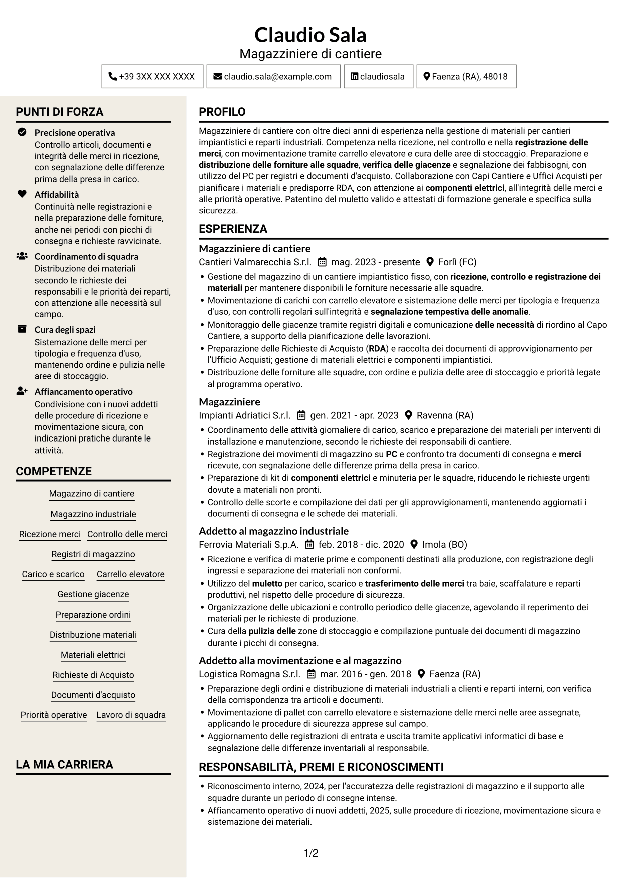 CV Intraprendente (formato a due colonne con intestazione centrata senza foto): Magazziniere di cantiere, pagina 1