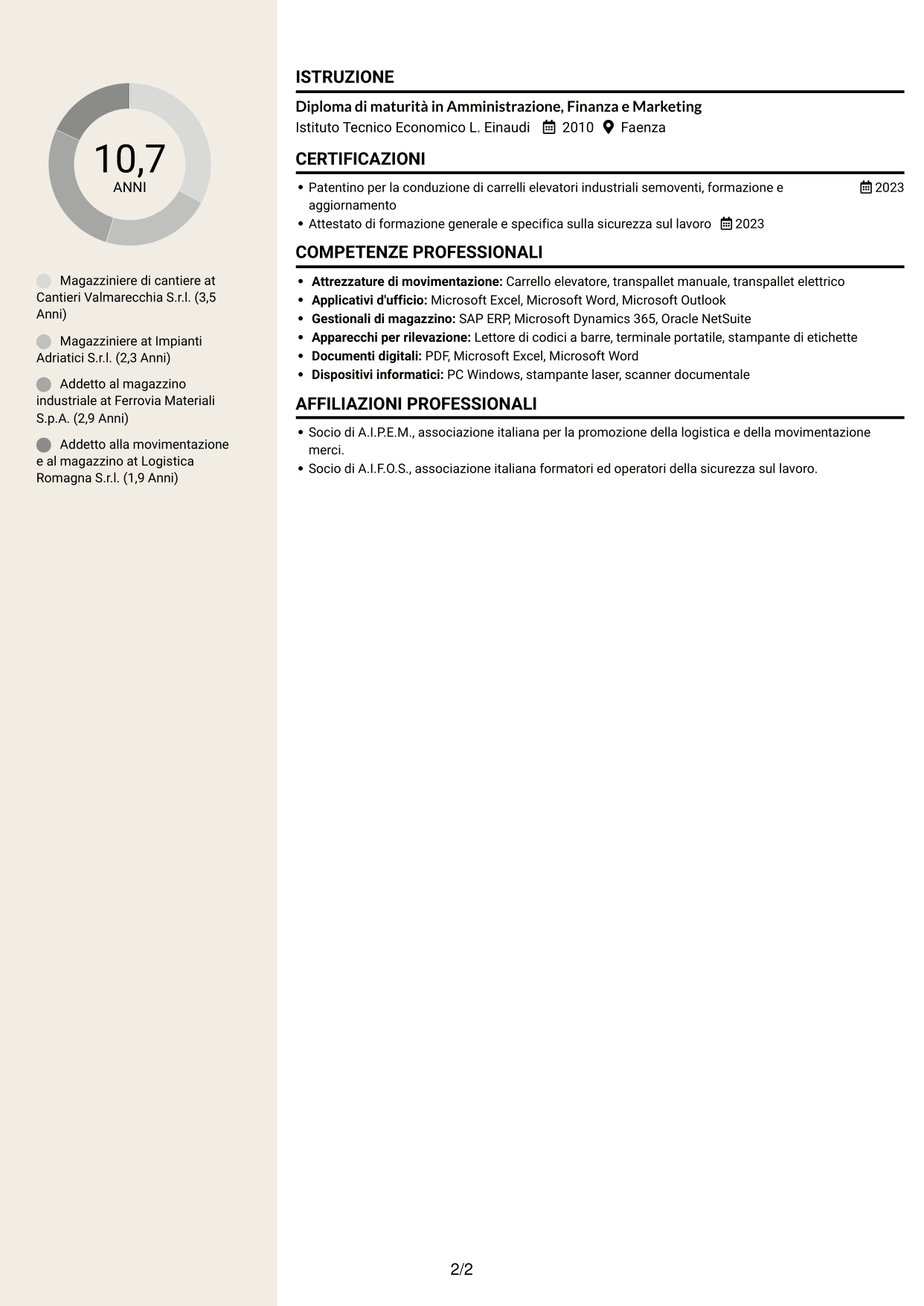 CV Intraprendente (formato a due colonne con intestazione centrata senza foto): Magazziniere di cantiere, pagina 2