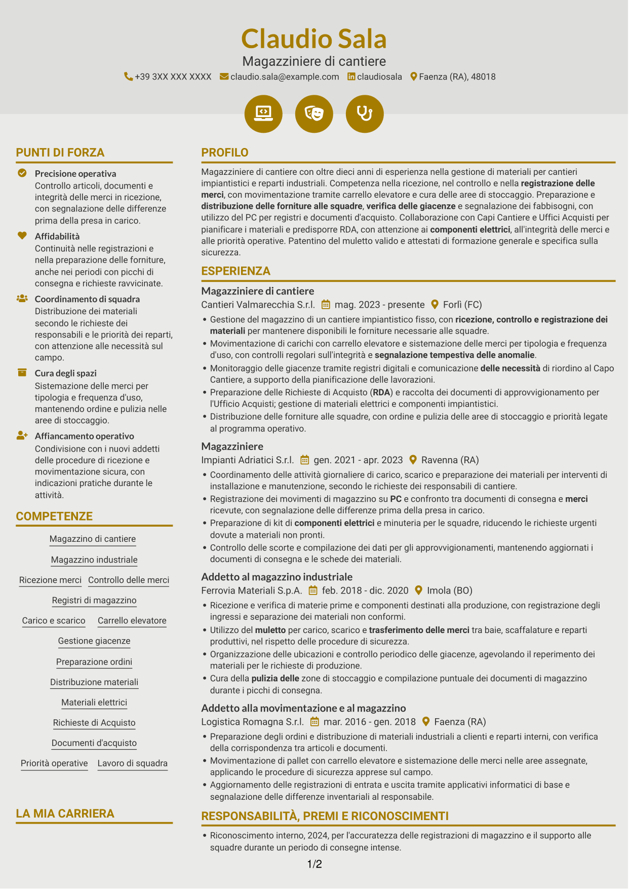 CV Dinamico (formato a due colonne con icone): Magazziniere di cantiere, pagina 1