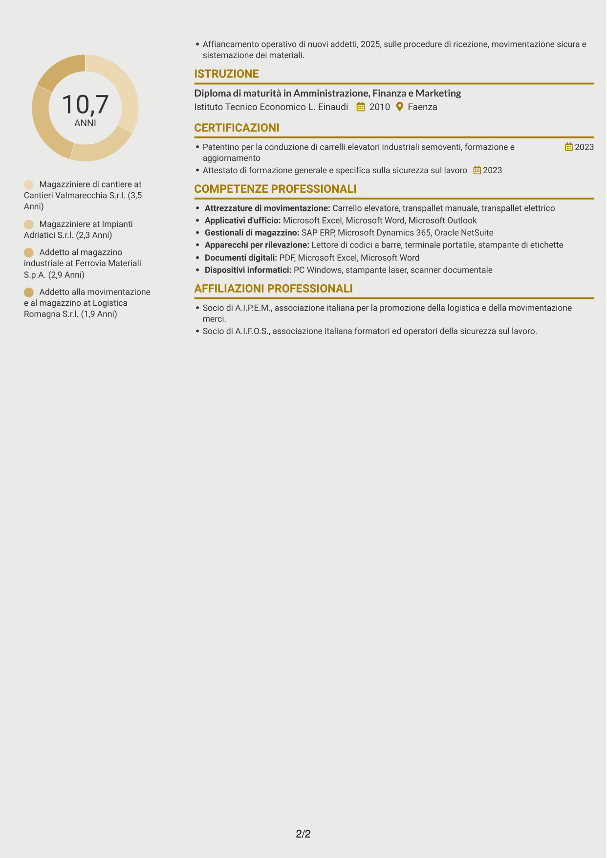 CV Dinamico (formato a due colonne con icone): Magazziniere di cantiere, pagina 2