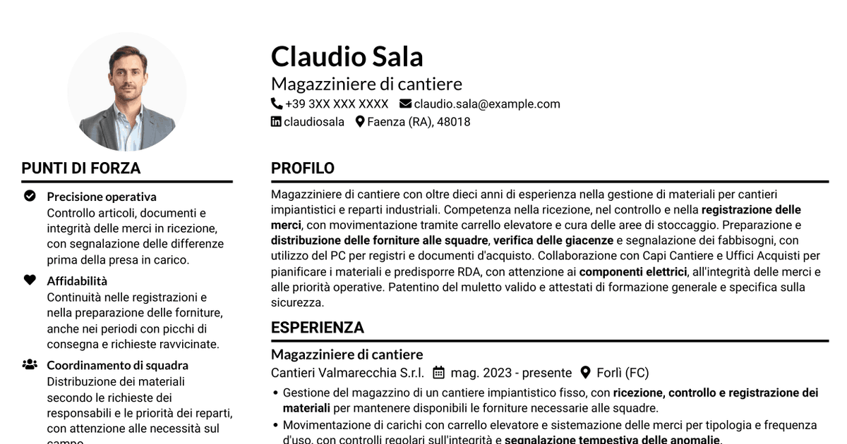 7 modelli di CV per Magazziniere di cantiere, con esempi