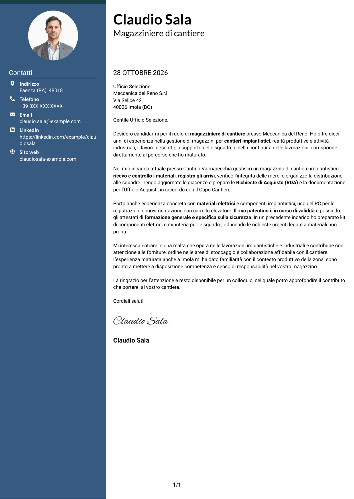 Lettera di presentazione Elegante (formato con colonna laterale colorata e foto): Magazziniere di cantiere, pagina 1