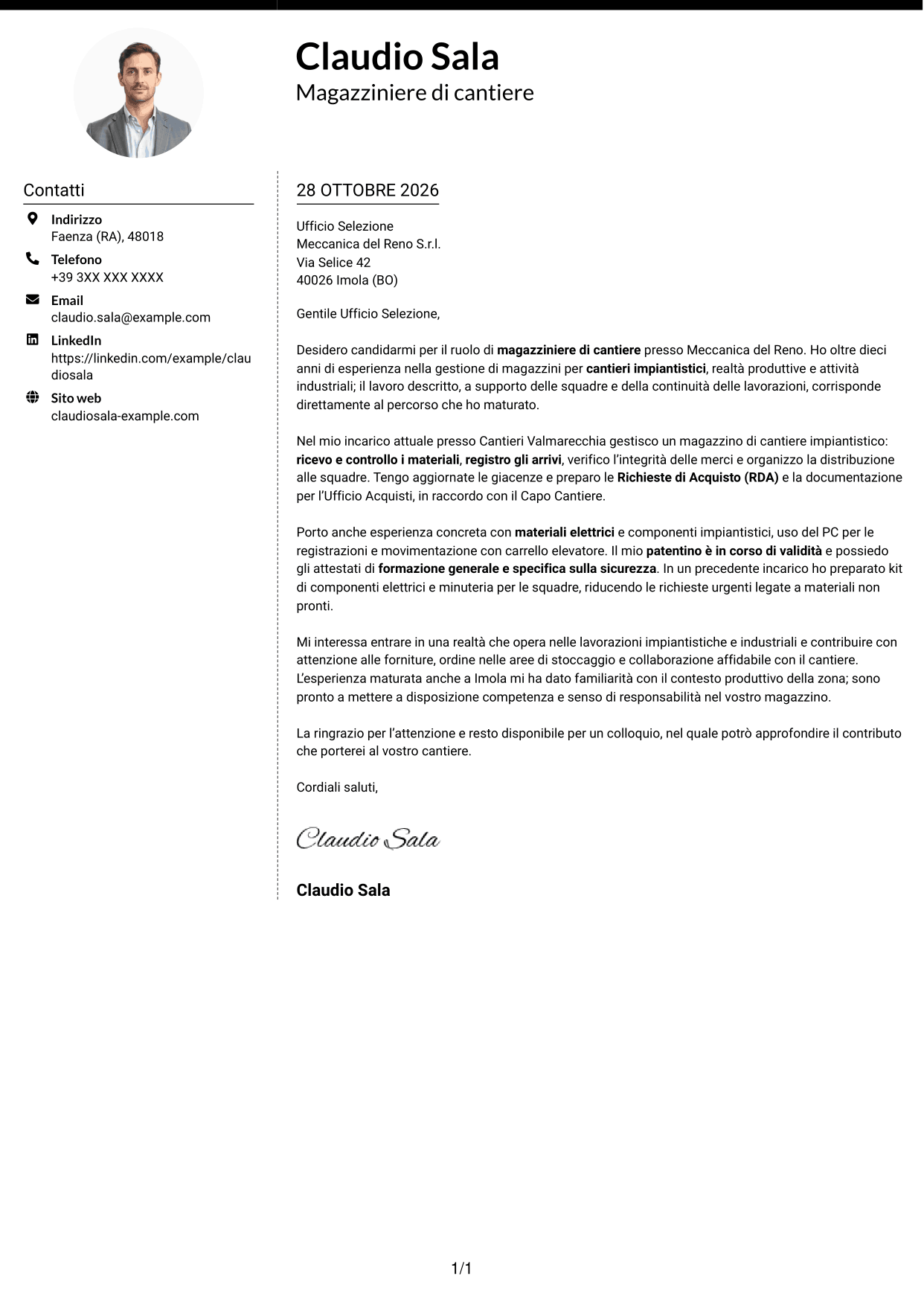 Lettera di presentazione Moderno (formato a due colonne con foto a sinistra e separatore): Magazziniere di cantiere, pagina 1