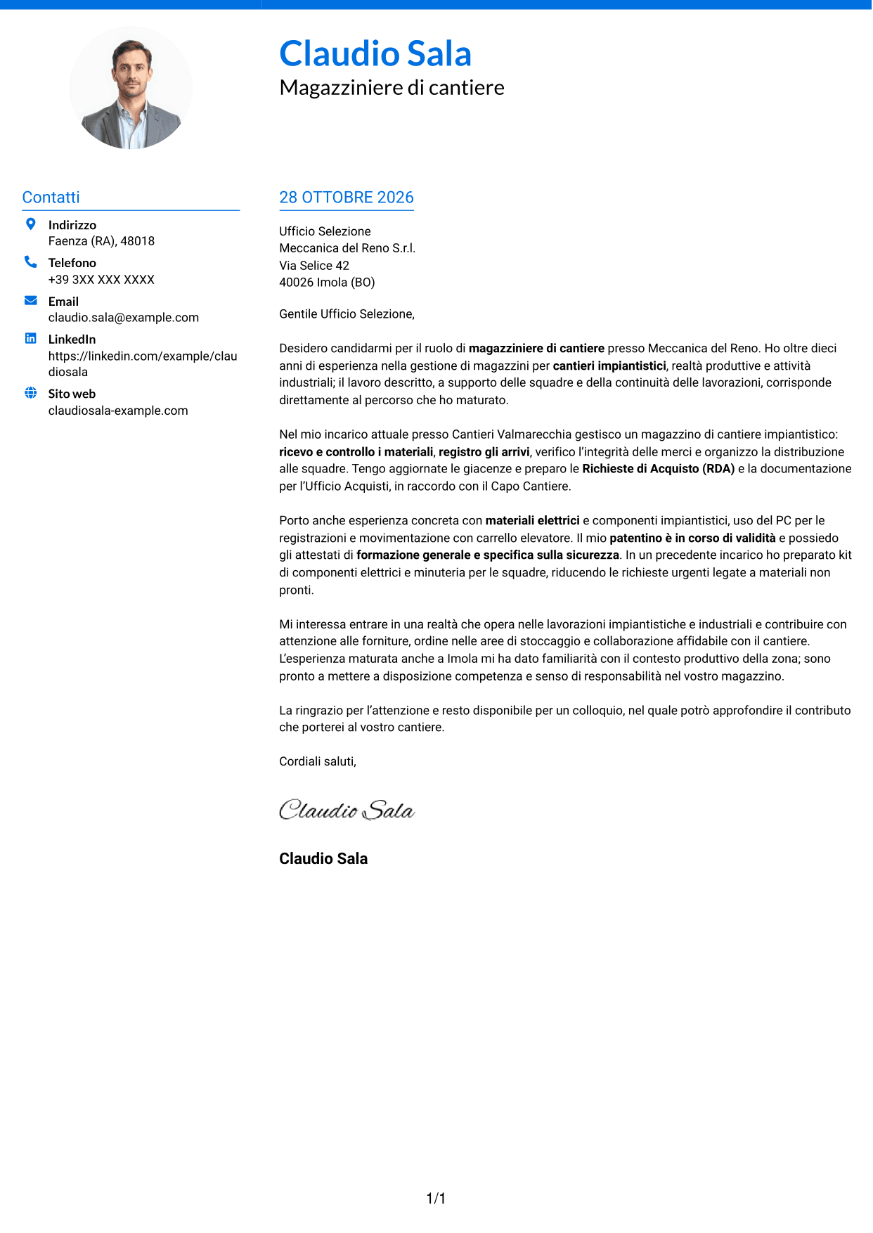 Lettera di presentazione Audace (formato a due colonne con accenti colorati e foto): Magazziniere di cantiere, pagina 1
