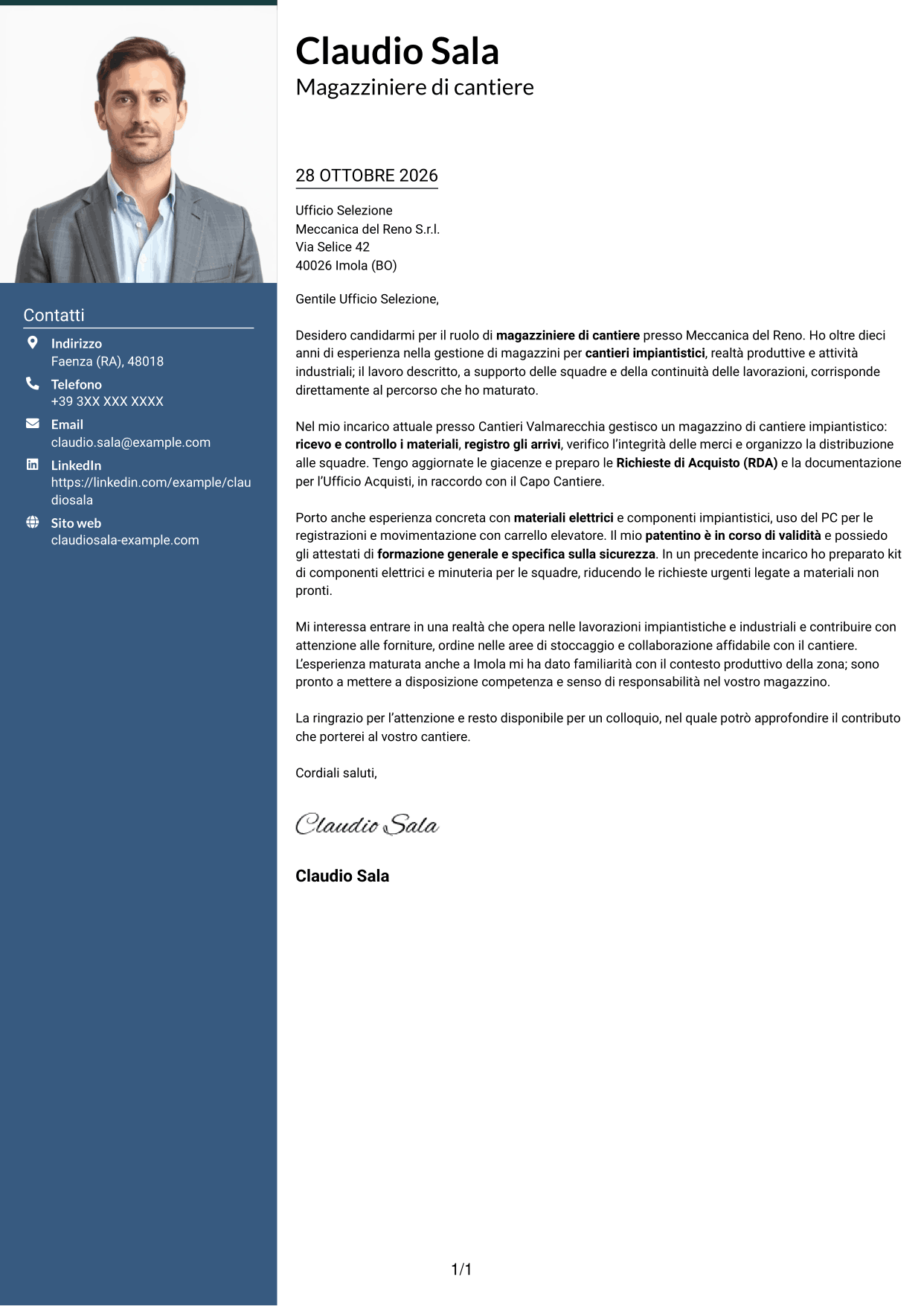 Lettera di presentazione Signature (formato con colonna laterale colorata e foto grande): Magazziniere di cantiere, pagina 1