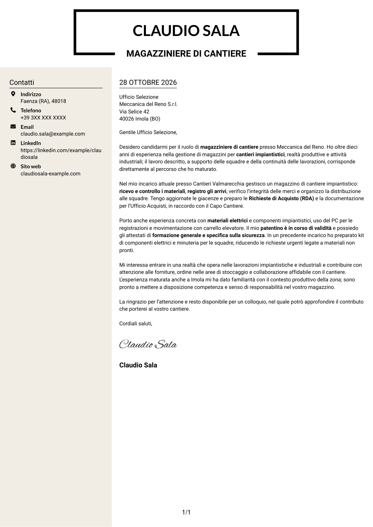 Lettera di presentazione Intraprendente (formato a due colonne con intestazione centrata senza foto): Magazziniere di cantiere, pagina 1