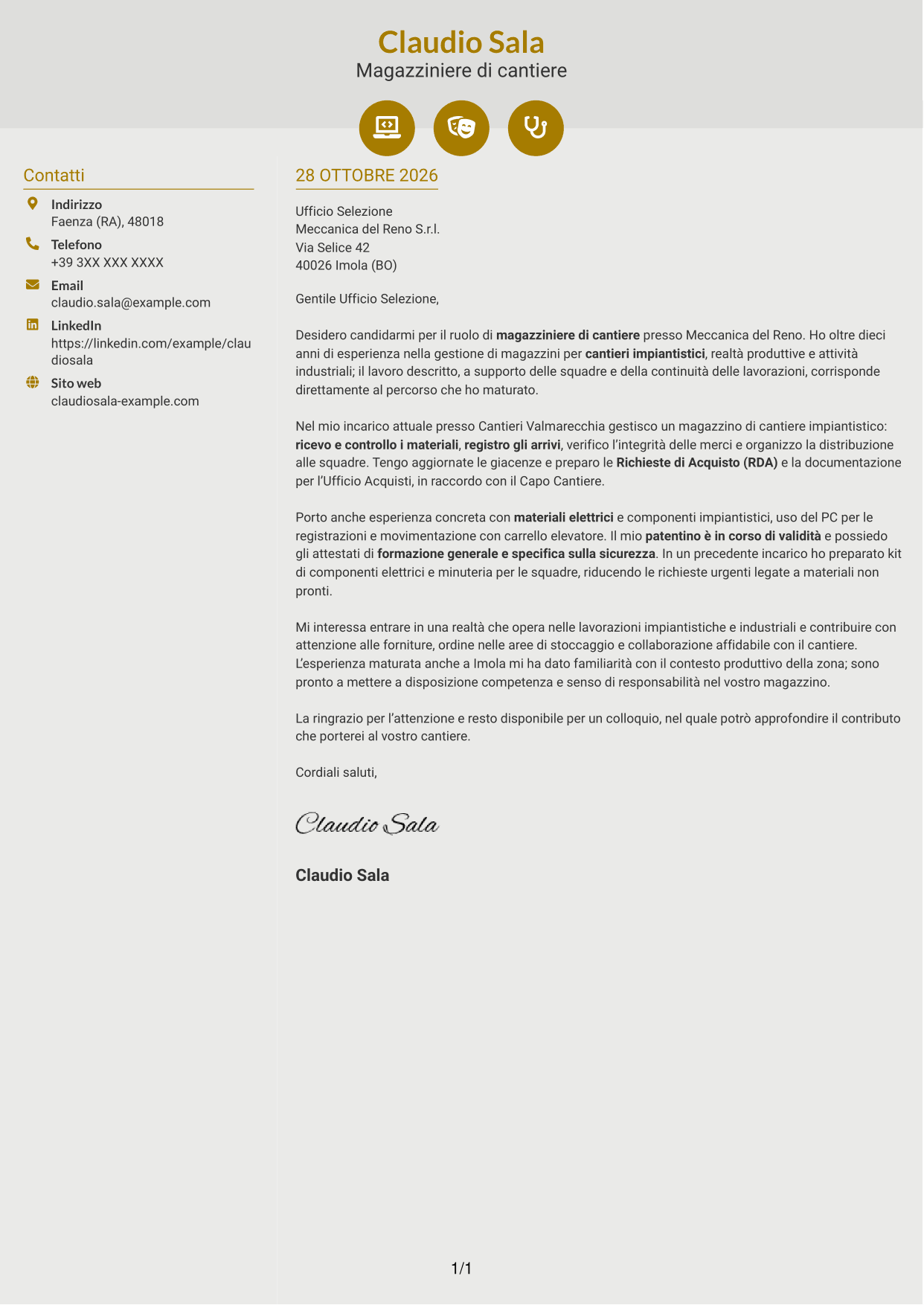 Lettera di presentazione Dinamico (formato a due colonne con icone): Magazziniere di cantiere, pagina 1