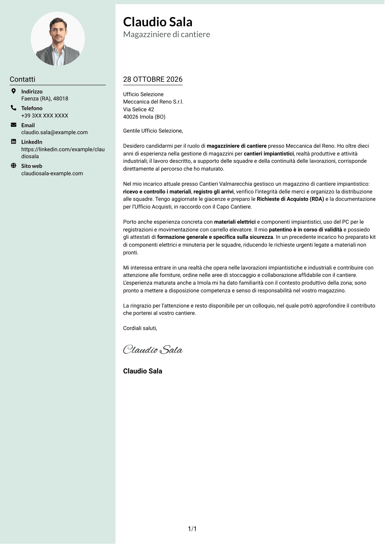 Lettera di presentazione Dirigente (formato con colonna laterale tenue e foto arrotondata): Magazziniere di cantiere, pagina 1