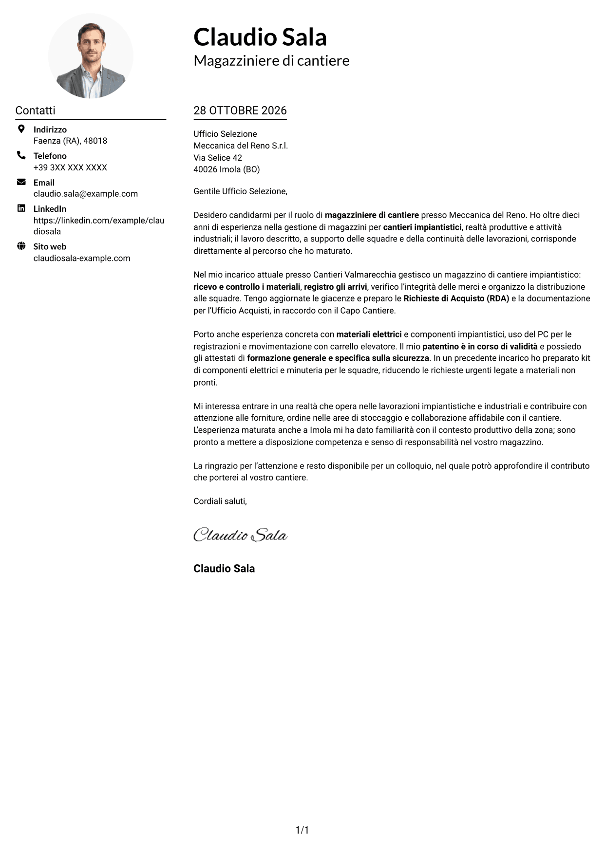 Esempio di lettera di presentazione — pagina 1