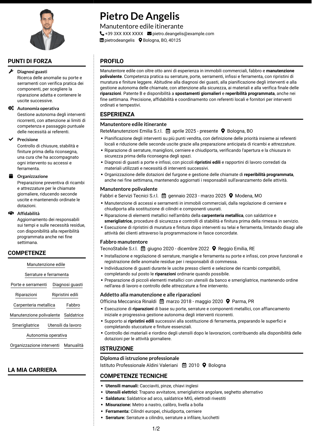 CV Moderno (formato a due colonne con foto a sinistra e separatore): Manutentore edile - Serrature e serramenti, pagina 1