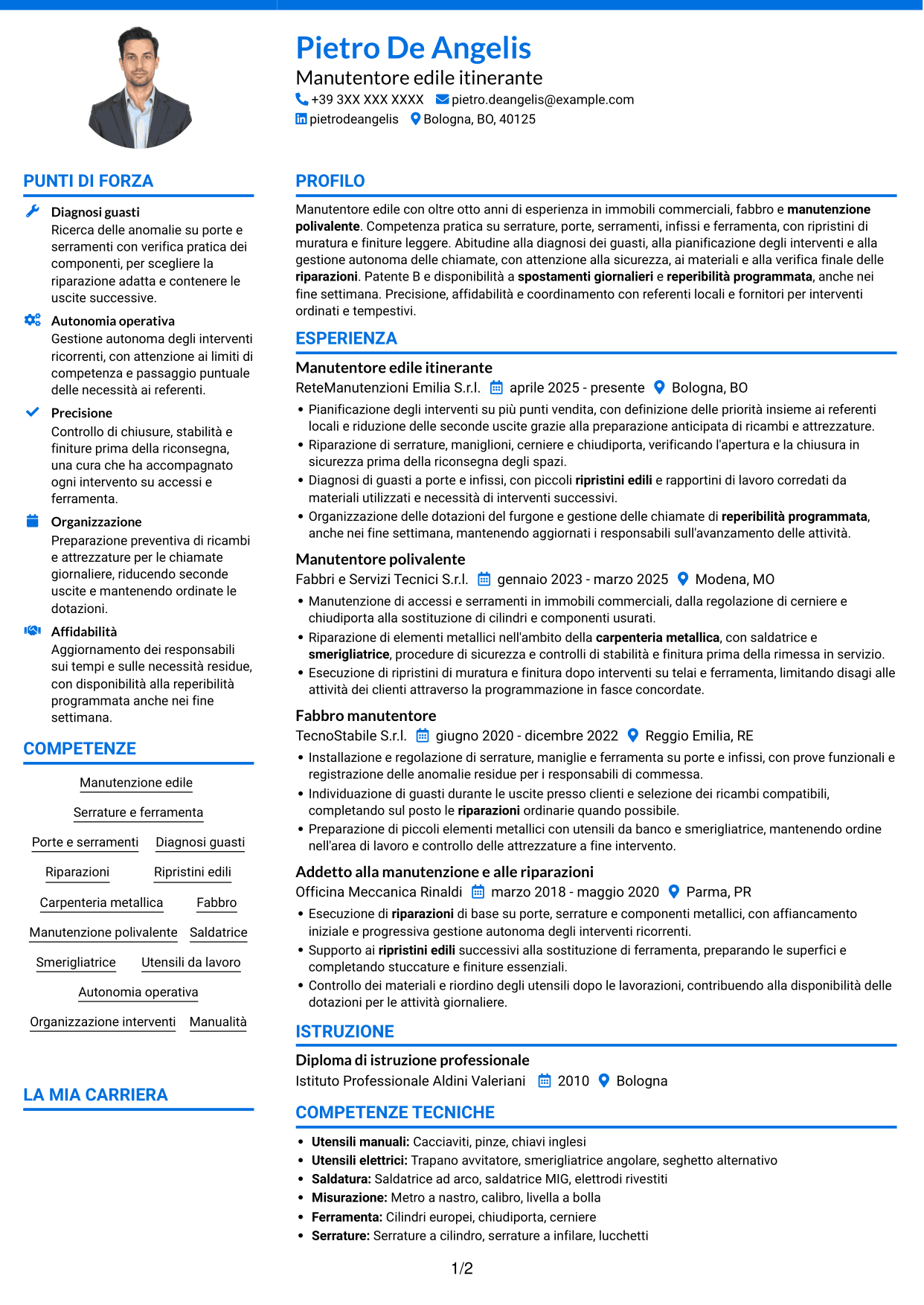 CV Audace (formato a due colonne con accenti colorati e foto): Manutentore edile - Serrature e serramenti, pagina 1