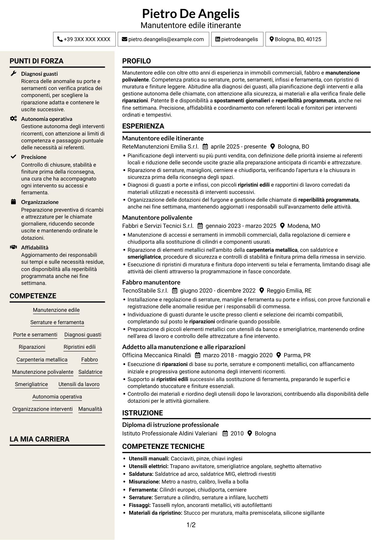 CV Intraprendente (formato a due colonne con intestazione centrata senza foto): Manutentore edile - Serrature e serramenti, pagina 1