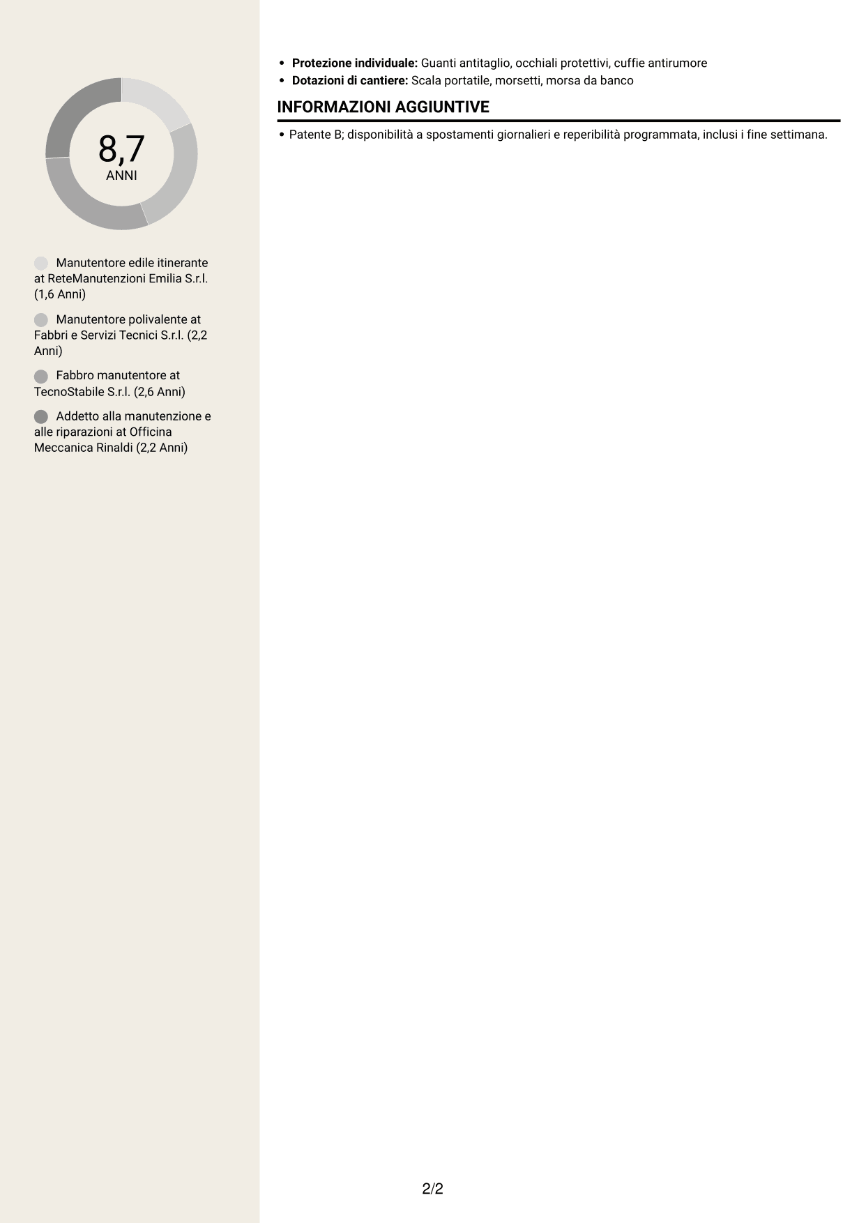 CV Intraprendente (formato a due colonne con intestazione centrata senza foto): Manutentore edile - Serrature e serramenti, pagina 2