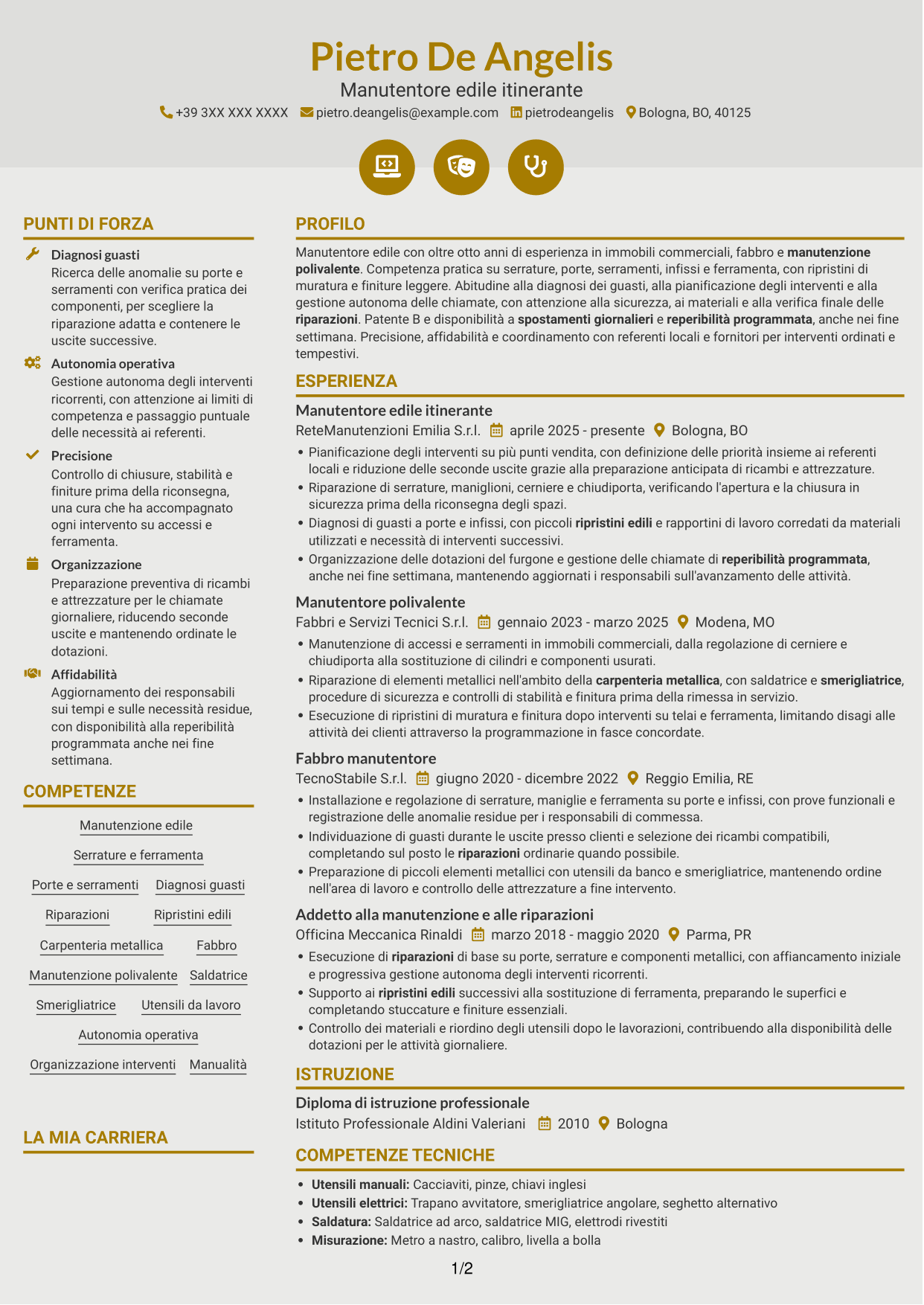 CV Dinamico (formato a due colonne con icone): Manutentore edile - Serrature e serramenti, pagina 1