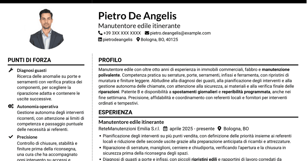 7 modelli di CV per Manutentore edile - Serrature e serramenti, con esempi