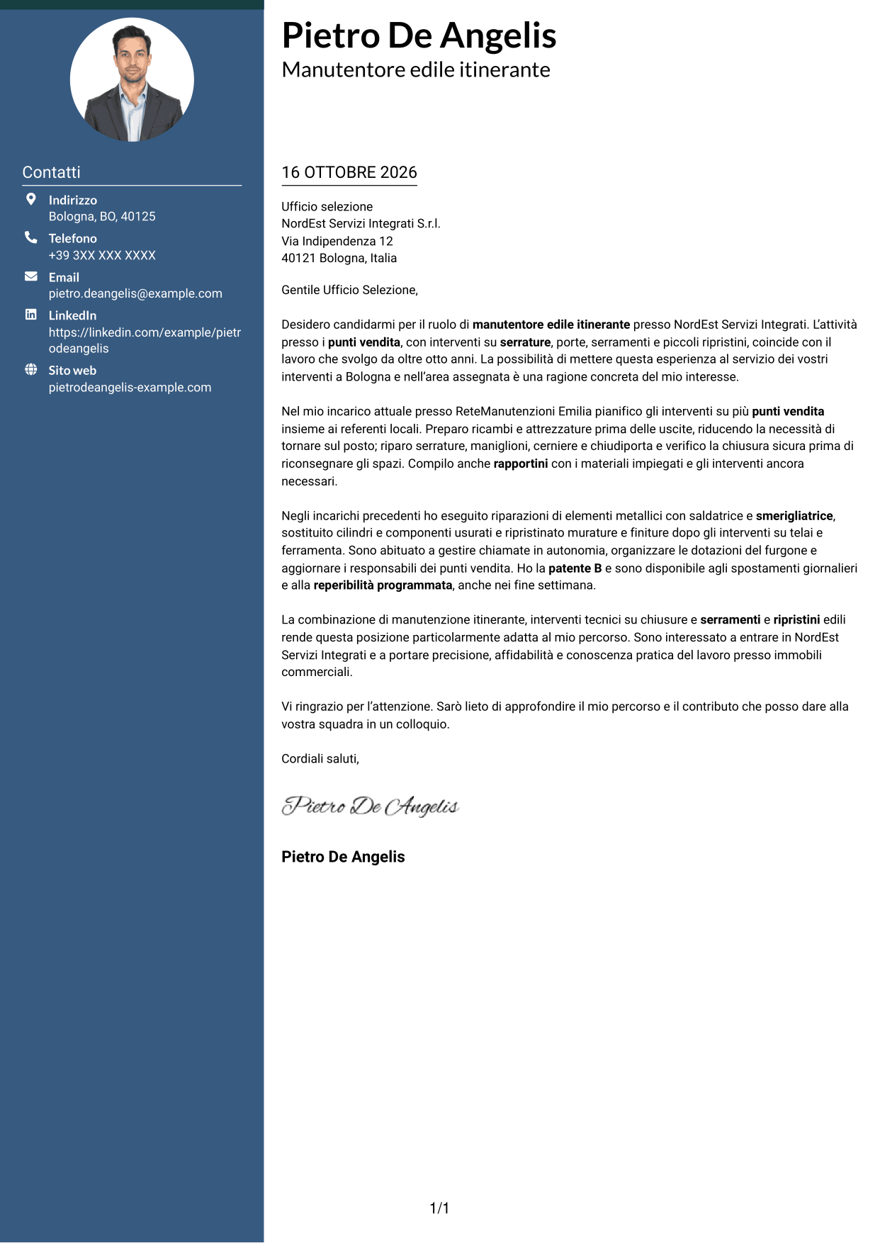 Lettera di presentazione Elegante (formato con colonna laterale colorata e foto): Manutentore edile - Serrature e serramenti, pagina 1