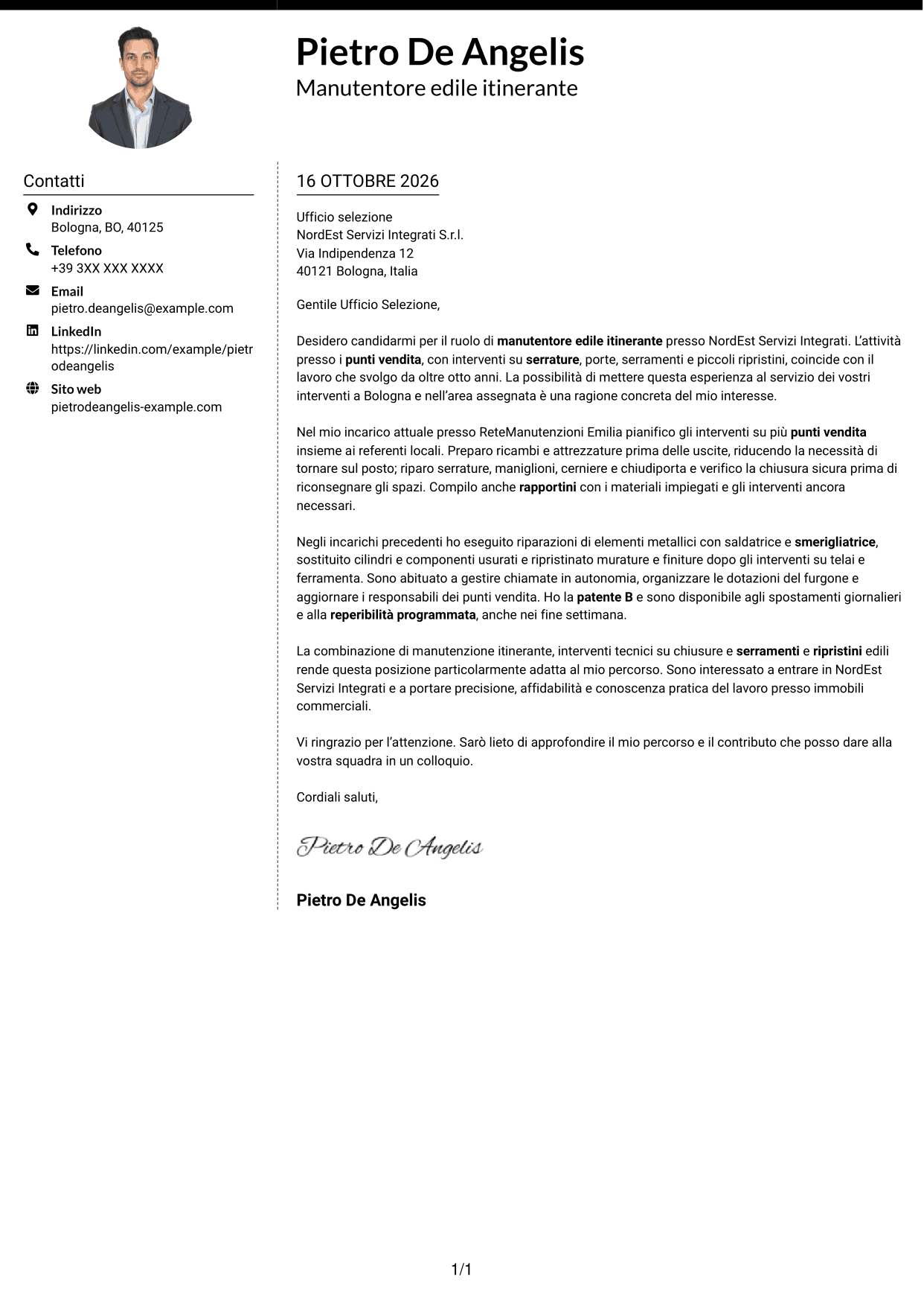 Lettera di presentazione Moderno (formato a due colonne con foto a sinistra e separatore): Manutentore edile - Serrature e serramenti, pagina 1