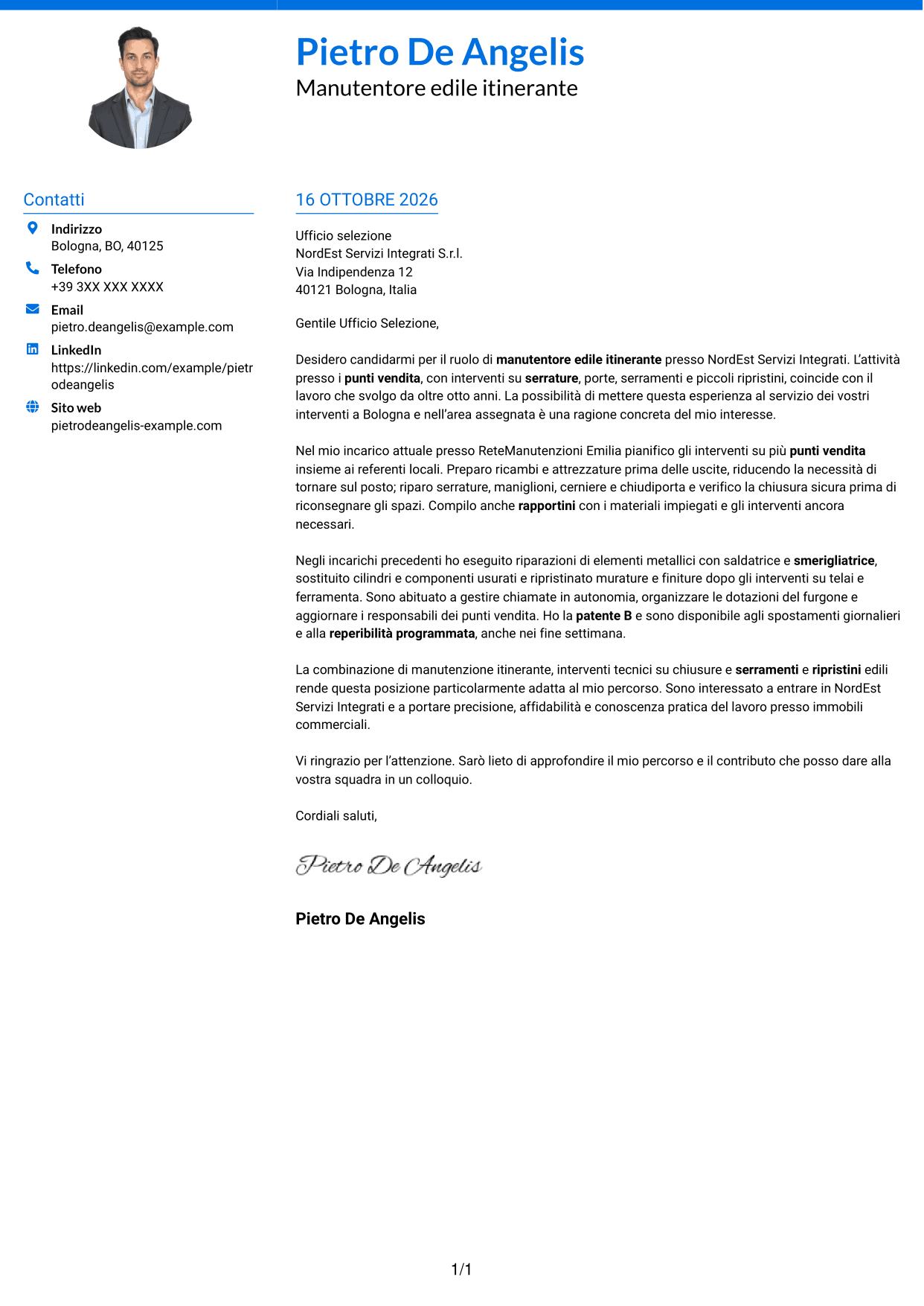 Lettera di presentazione Audace (formato a due colonne con accenti colorati e foto): Manutentore edile - Serrature e serramenti, pagina 1