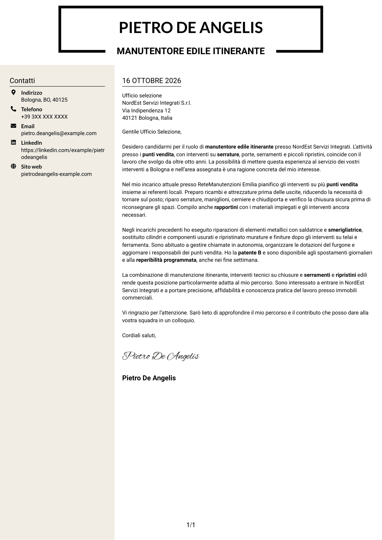 Lettera di presentazione Intraprendente (formato a due colonne con intestazione centrata senza foto): Manutentore edile - Serrature e serramenti, pagina 1