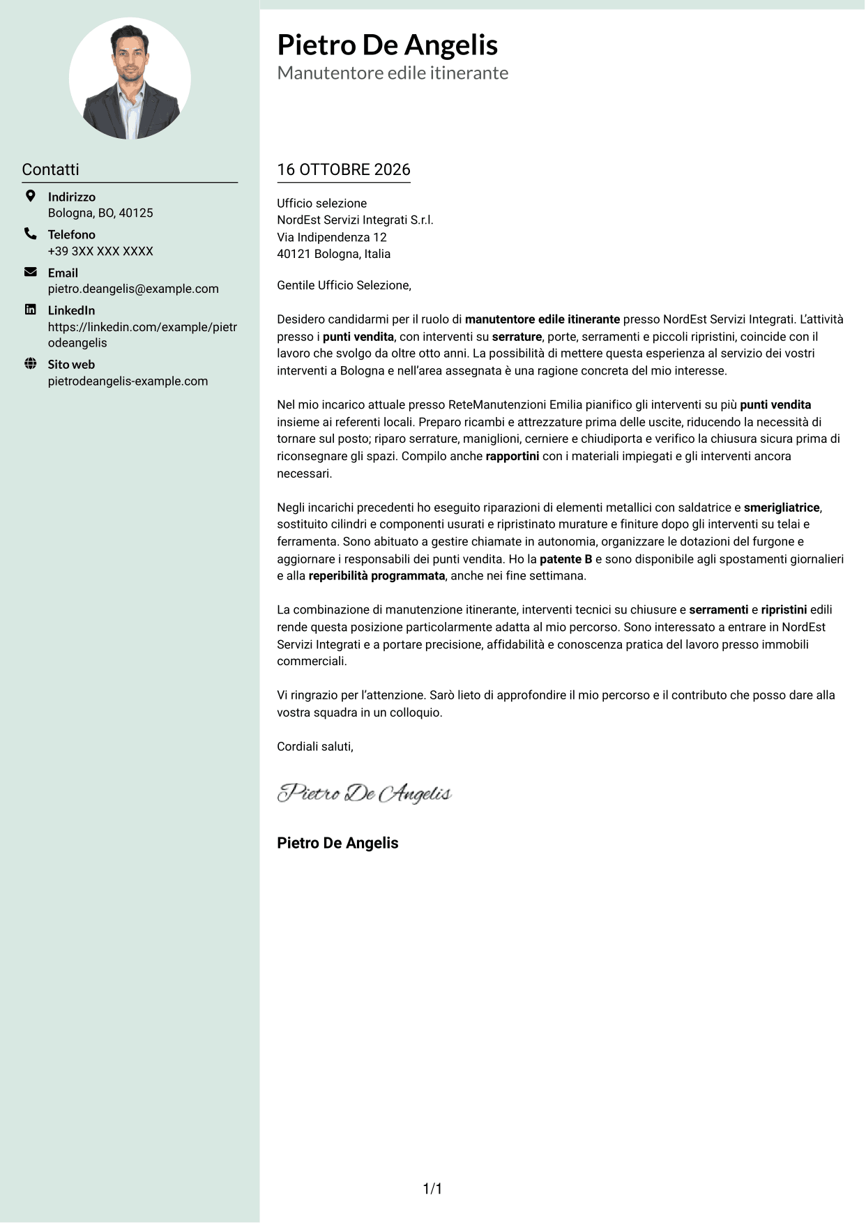 Lettera di presentazione Dirigente (formato con colonna laterale tenue e foto arrotondata): Manutentore edile - Serrature e serramenti, pagina 1