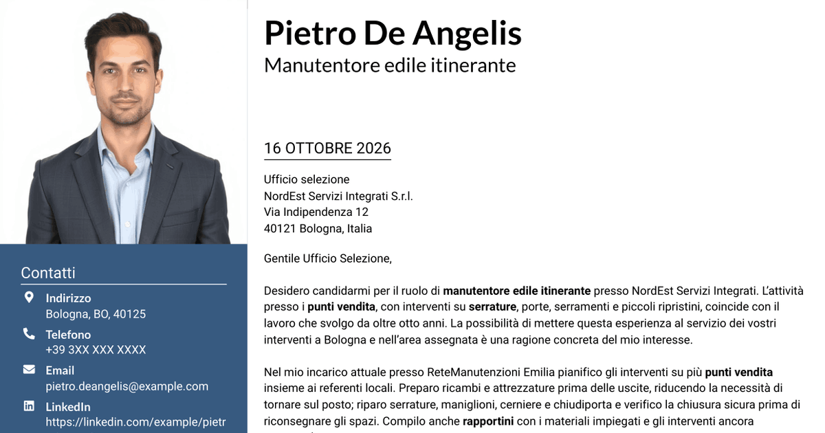 7 modelli di lettera di presentazione per Manutentore edile - Serrature e serramenti, con esempi