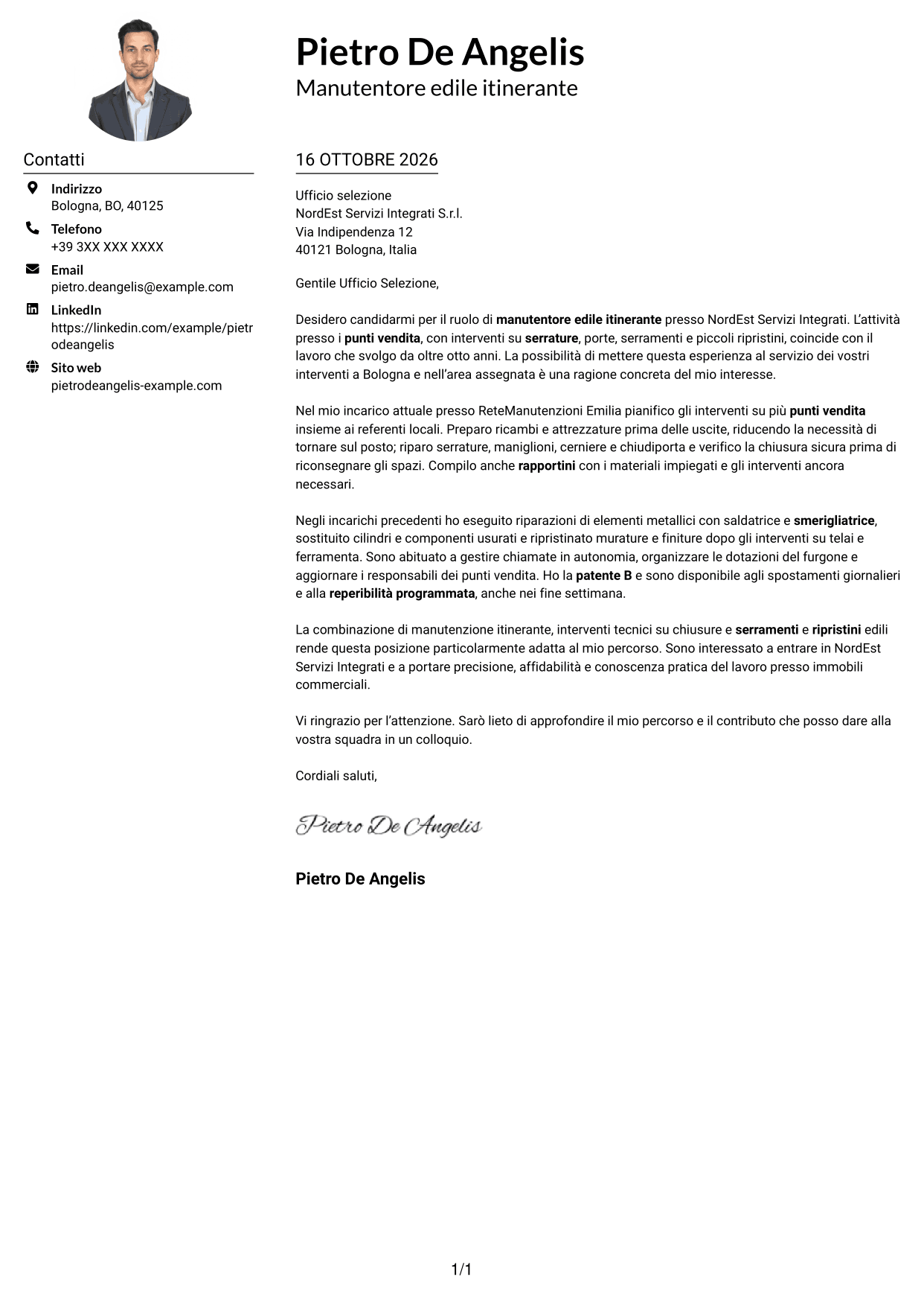 Esempio di lettera di presentazione — pagina 1