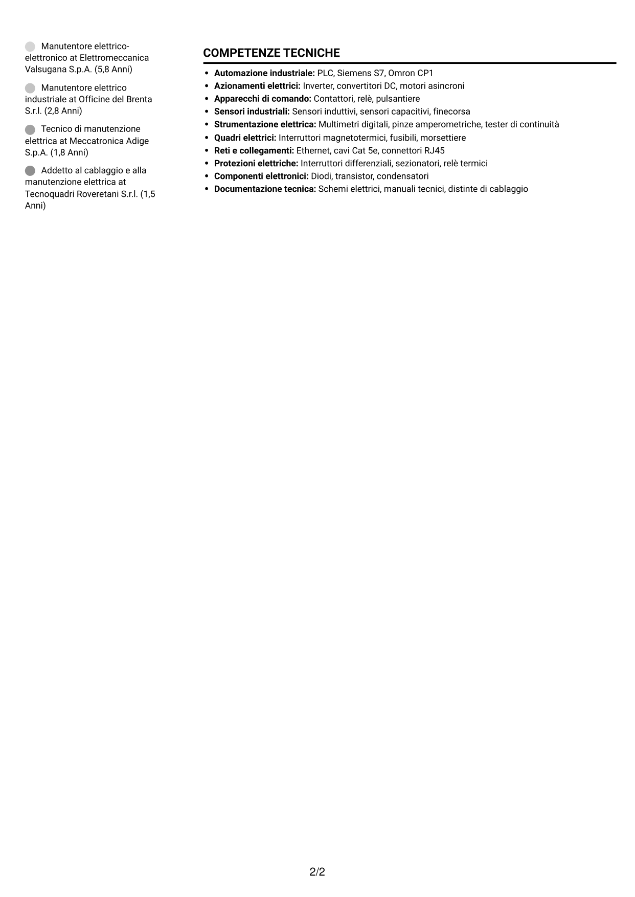 CV Compatto (formato sobrio a due colonne con foto): Manutentore Elettrico - Elettronico, pagina 2
