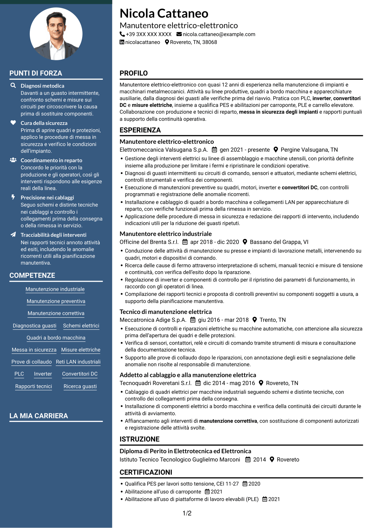 CV Elegante (formato con colonna laterale colorata e foto): Manutentore Elettrico - Elettronico, pagina 1