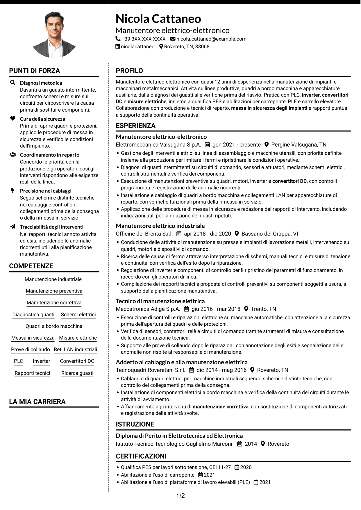 CV Moderno (formato a due colonne con foto a sinistra e separatore): Manutentore Elettrico - Elettronico, pagina 1