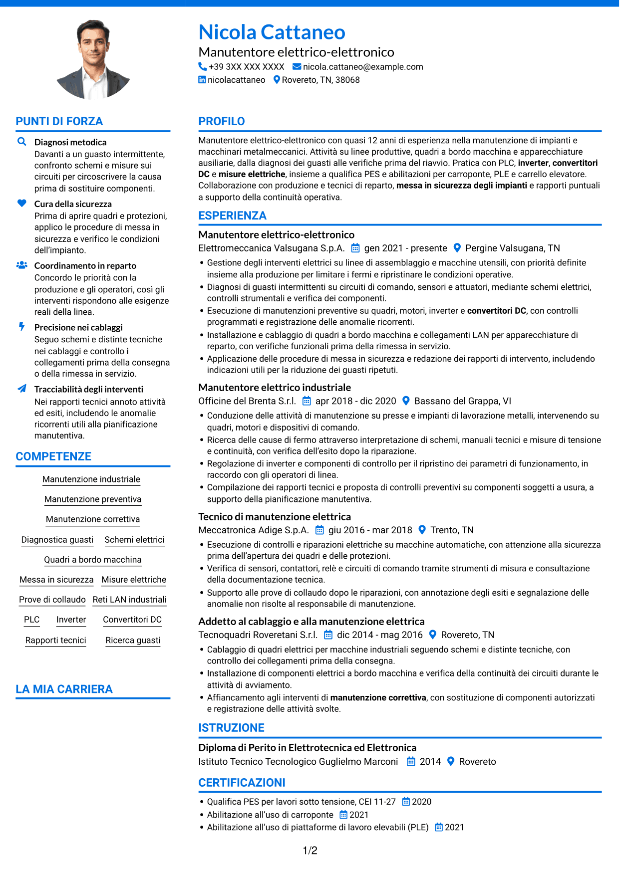 CV Audace (formato a due colonne con accenti colorati e foto): Manutentore Elettrico - Elettronico, pagina 1