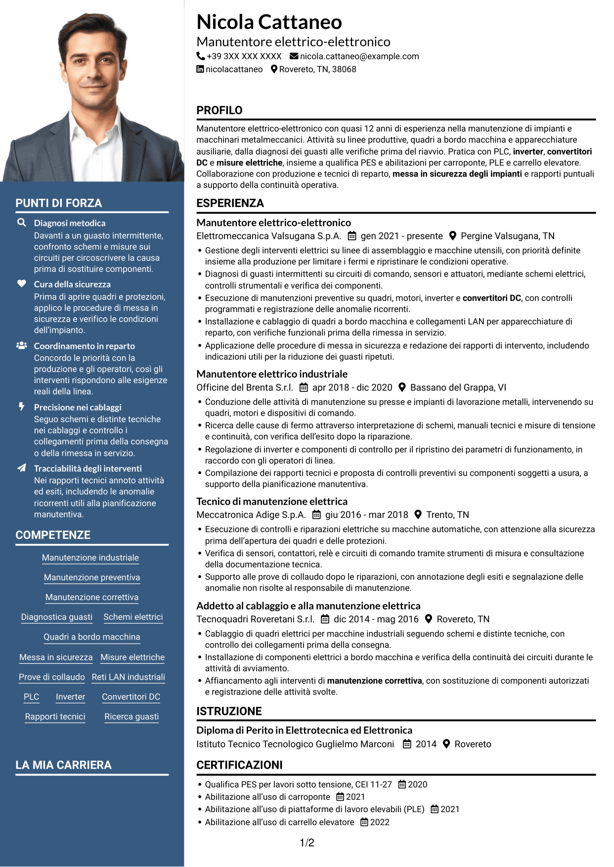 CV Signature (formato con colonna laterale colorata e foto grande): Manutentore Elettrico - Elettronico, pagina 1