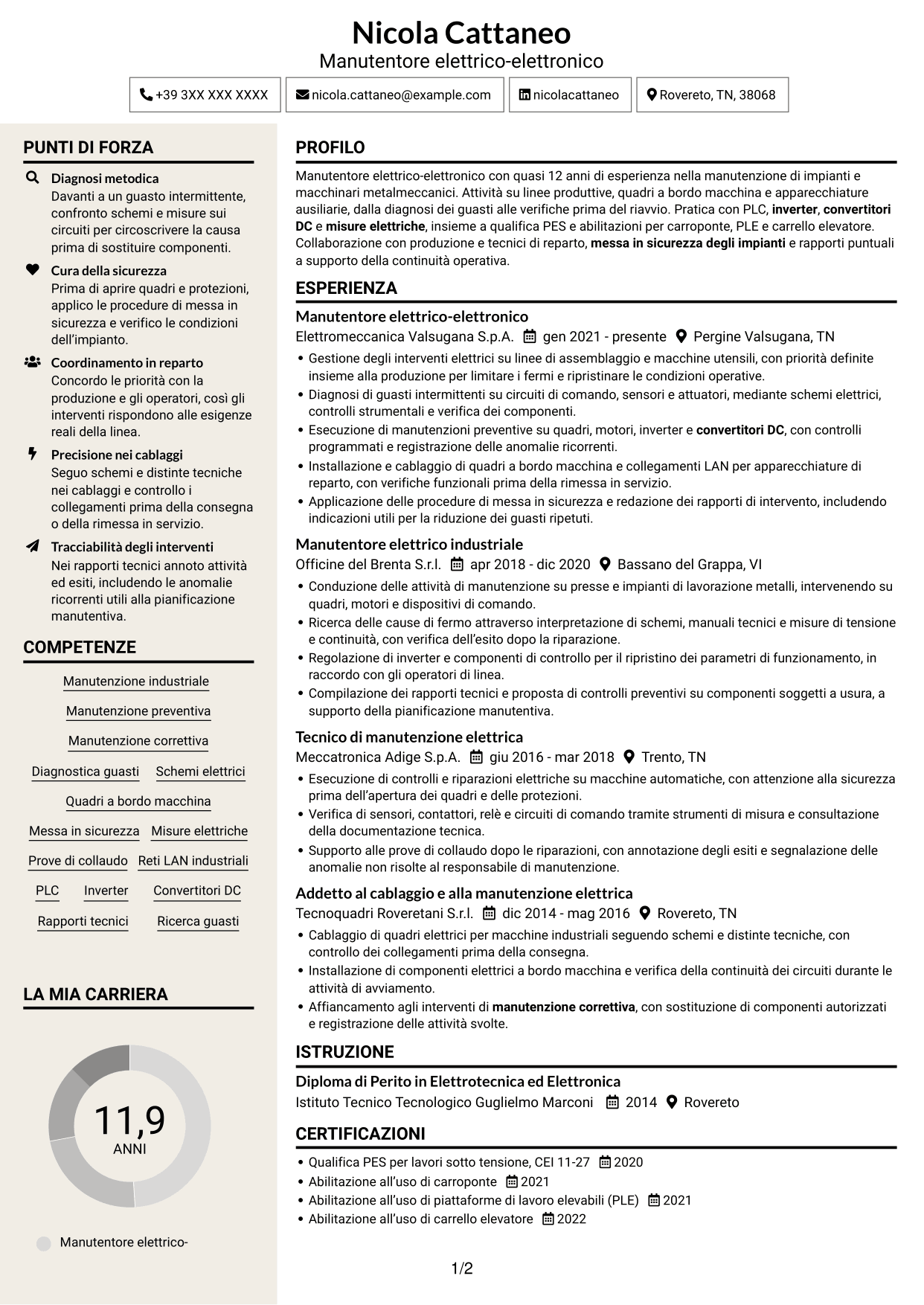 CV Intraprendente (formato a due colonne con intestazione centrata senza foto): Manutentore Elettrico - Elettronico, pagina 1