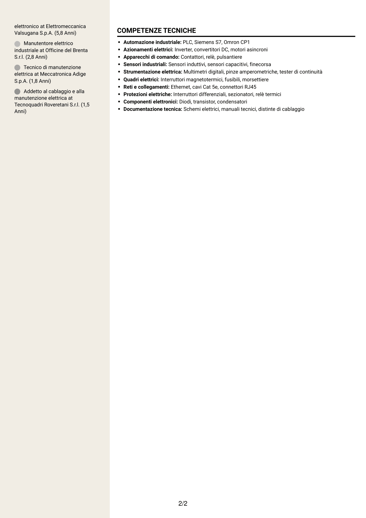 CV Intraprendente (formato a due colonne con intestazione centrata senza foto): Manutentore Elettrico - Elettronico, pagina 2