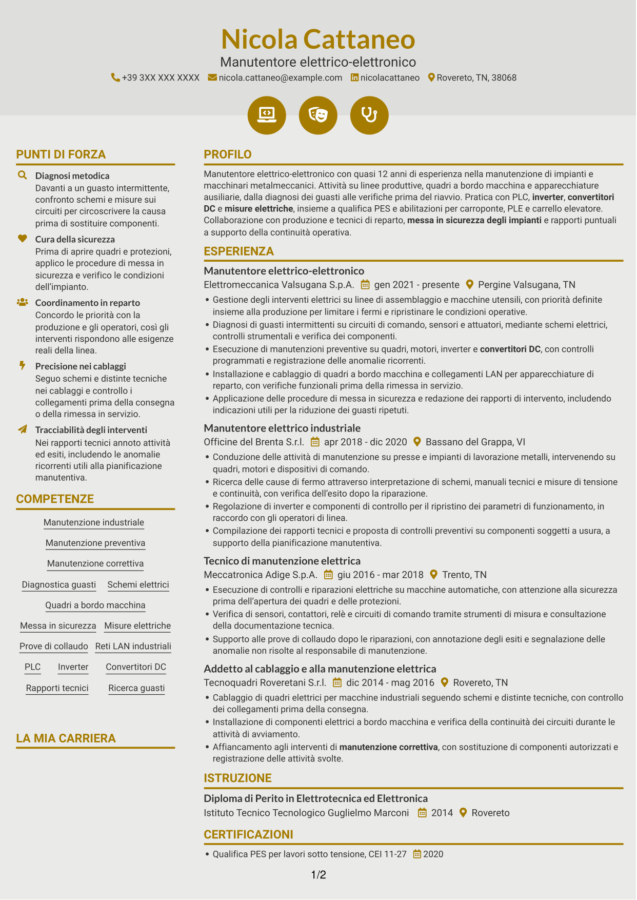 CV Dinamico (formato a due colonne con icone): Manutentore Elettrico - Elettronico, pagina 1