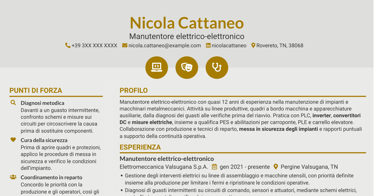 7 modelli di CV per Manutentore Elettrico - Elettronico, con esempi