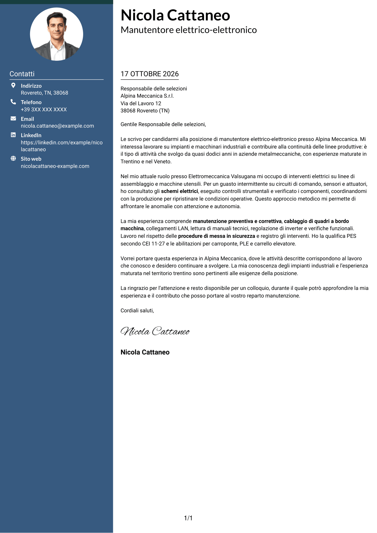 Lettera di presentazione Elegante (formato con colonna laterale colorata e foto): Manutentore Elettrico - Elettronico, pagina 1