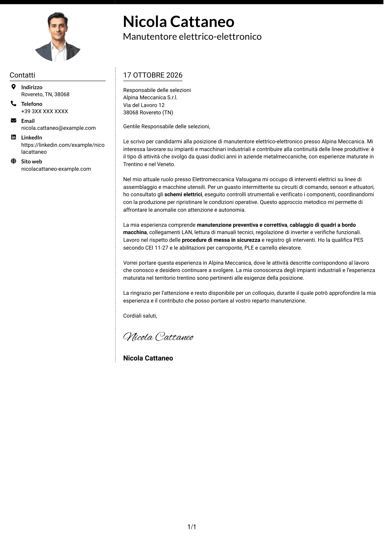 Lettera di presentazione Moderno (formato a due colonne con foto a sinistra e separatore): Manutentore Elettrico - Elettronico, pagina 1