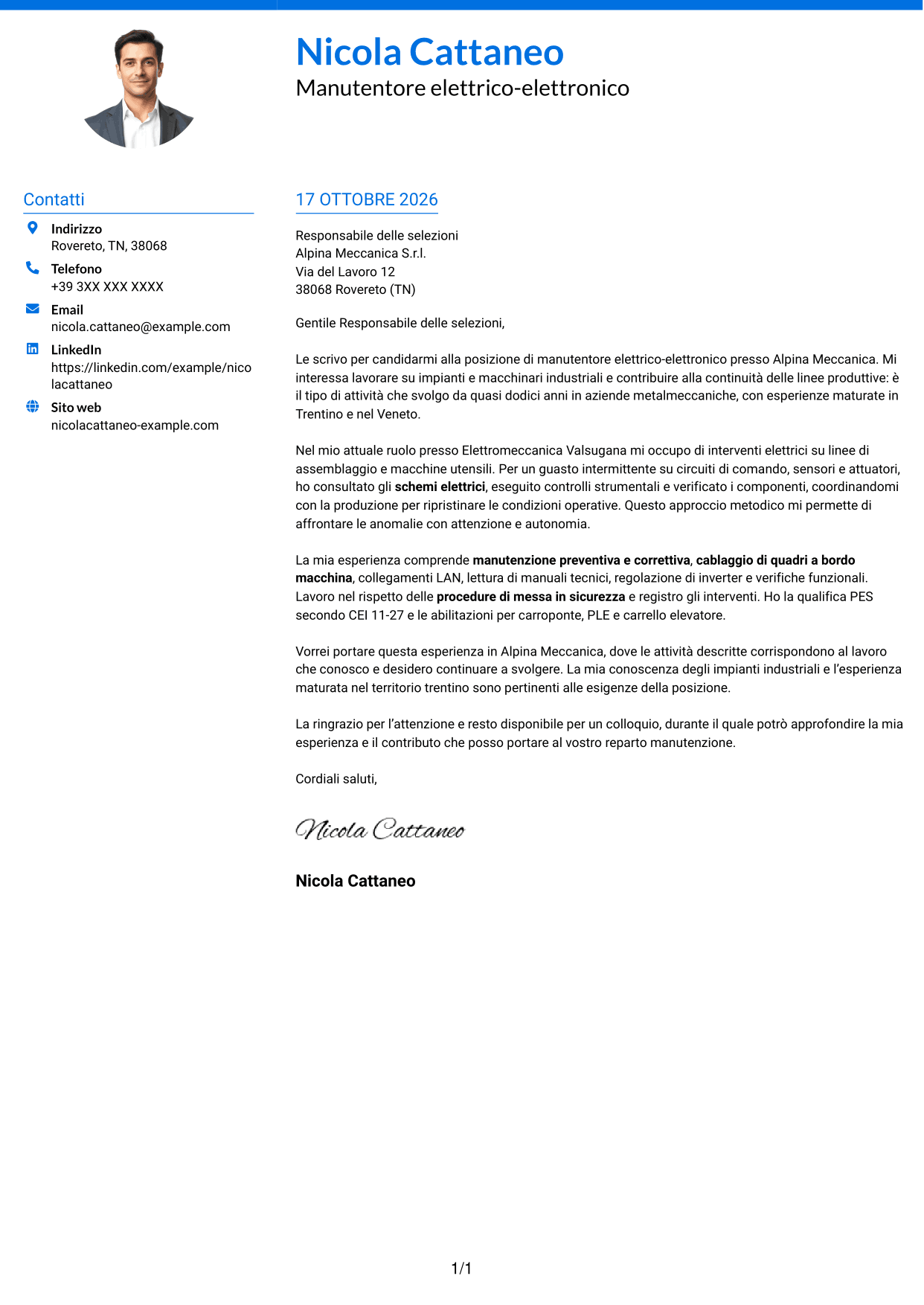 Lettera di presentazione Audace (formato a due colonne con accenti colorati e foto): Manutentore Elettrico - Elettronico, pagina 1