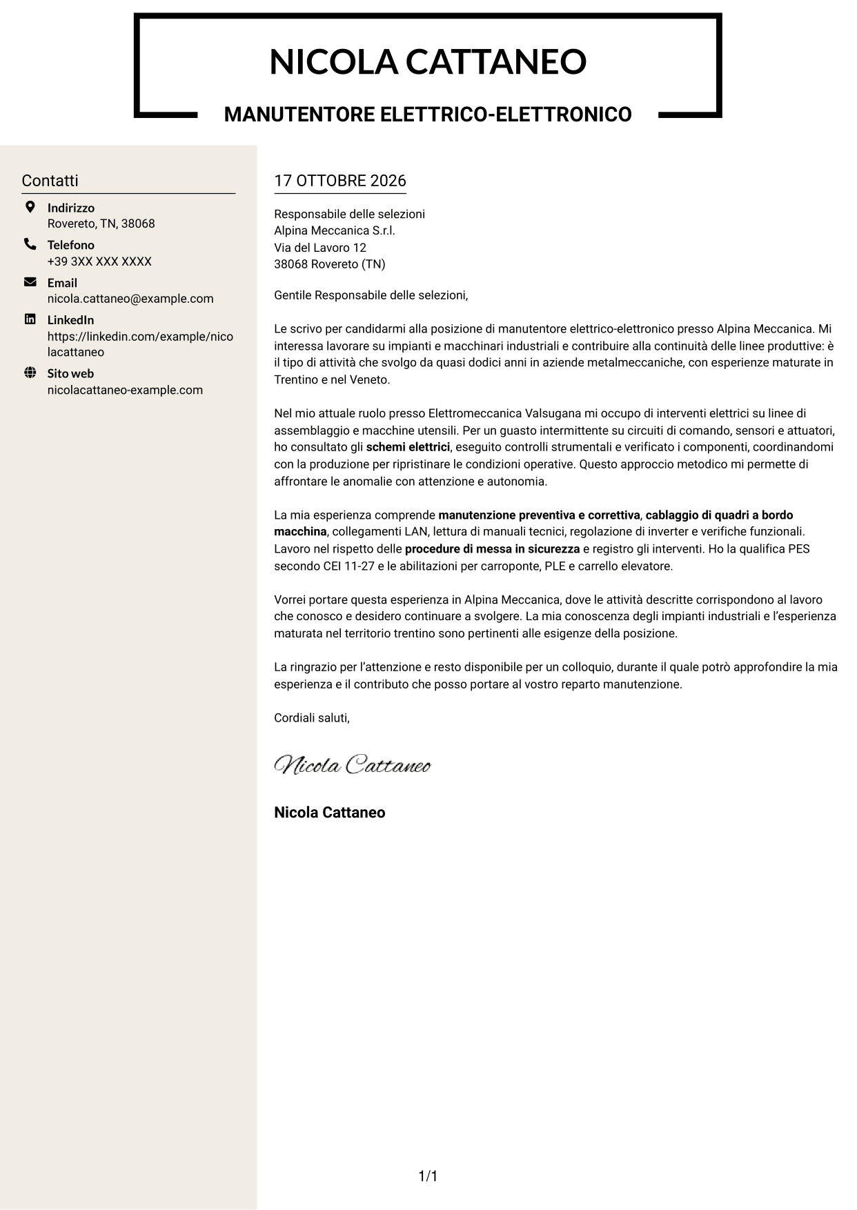 Lettera di presentazione Intraprendente (formato a due colonne con intestazione centrata senza foto): Manutentore Elettrico - Elettronico, pagina 1