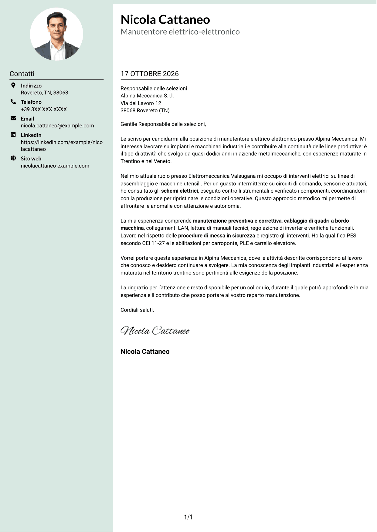 Lettera di presentazione Dirigente (formato con colonna laterale tenue e foto arrotondata): Manutentore Elettrico - Elettronico, pagina 1
