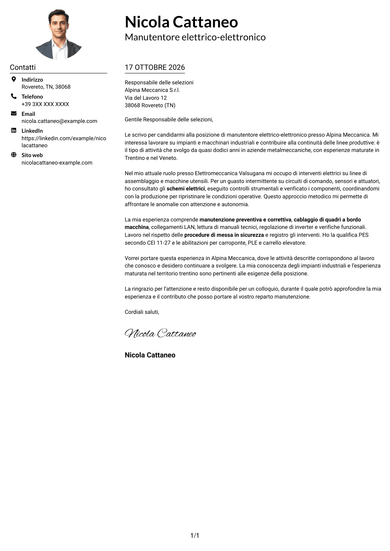 Esempio di lettera di presentazione — pagina 1
