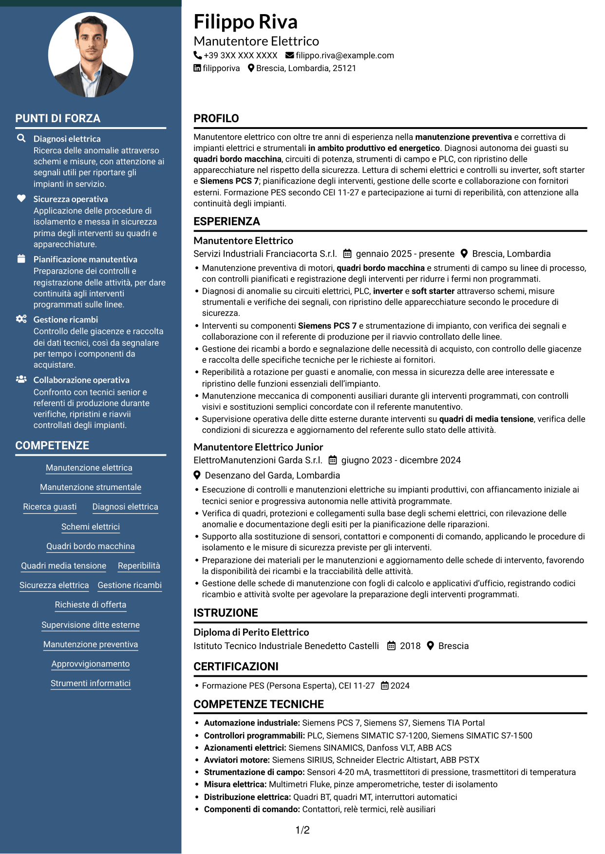 CV Elegante (formato con colonna laterale colorata e foto): Manutentore Elettrico - Impianti Energetici, pagina 1